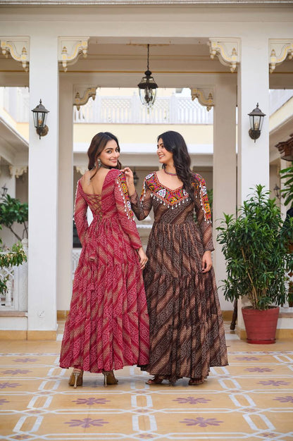 Navratri Gamathi Work Gown – Celebrate in Bandhni Elegance