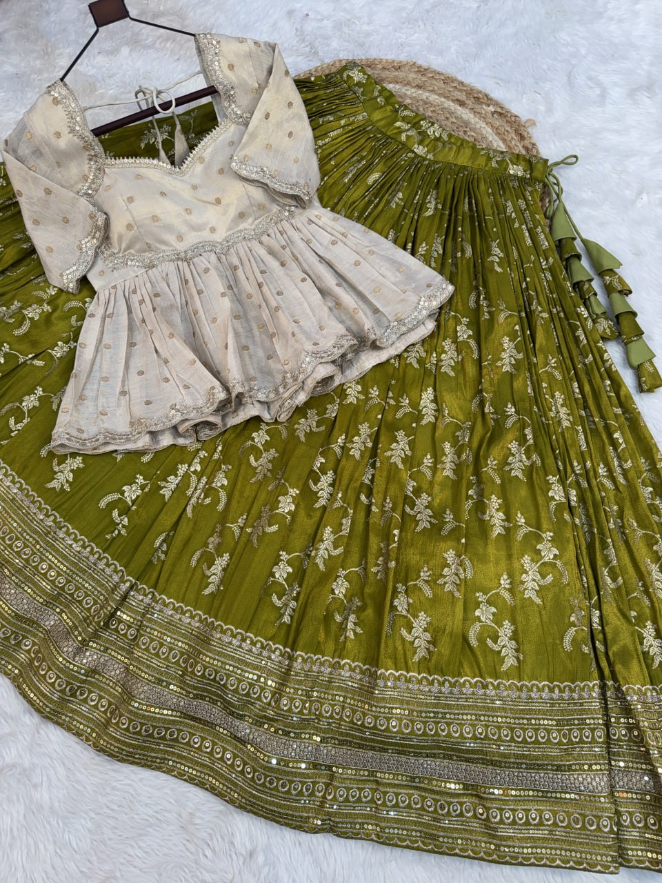 RangBhoomi Designer Dyeable Viscose Jacquard Lehenga Choli Set - Parrot & Wine