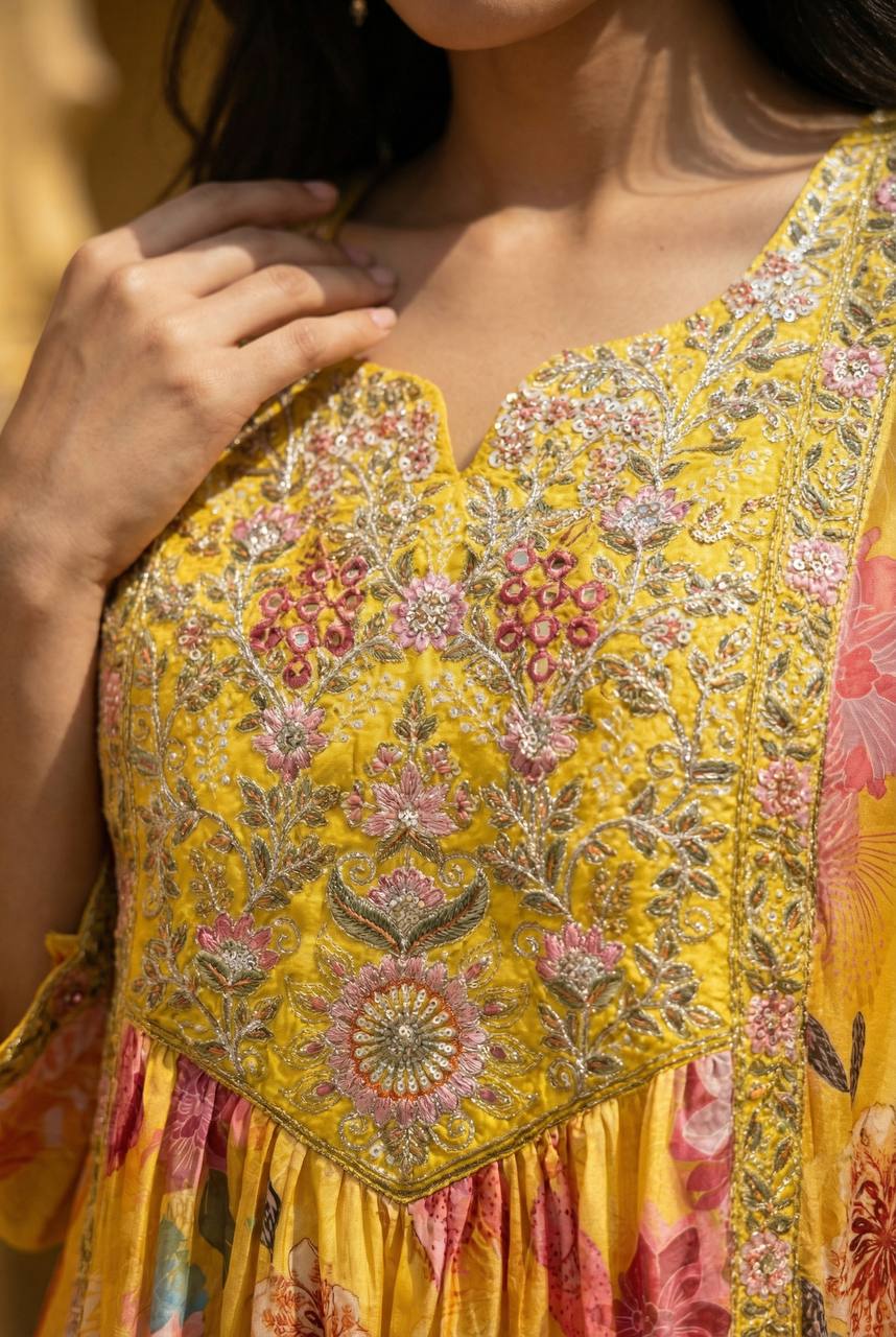 Close-up of a yellow crepe kaftan featuring intricate pink floral embroidery and sequin detailing.