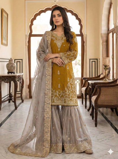 RangBhoomi Exclusive Designer Partywear Set – Pure Heavy GMY Silk with Elaborate Embroidery and Sequins