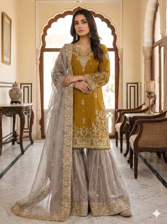 RangBhoomi Exclusive Designer Partywear Set – Pure Heavy GMY Silk with Elaborate Embroidery and Sequins