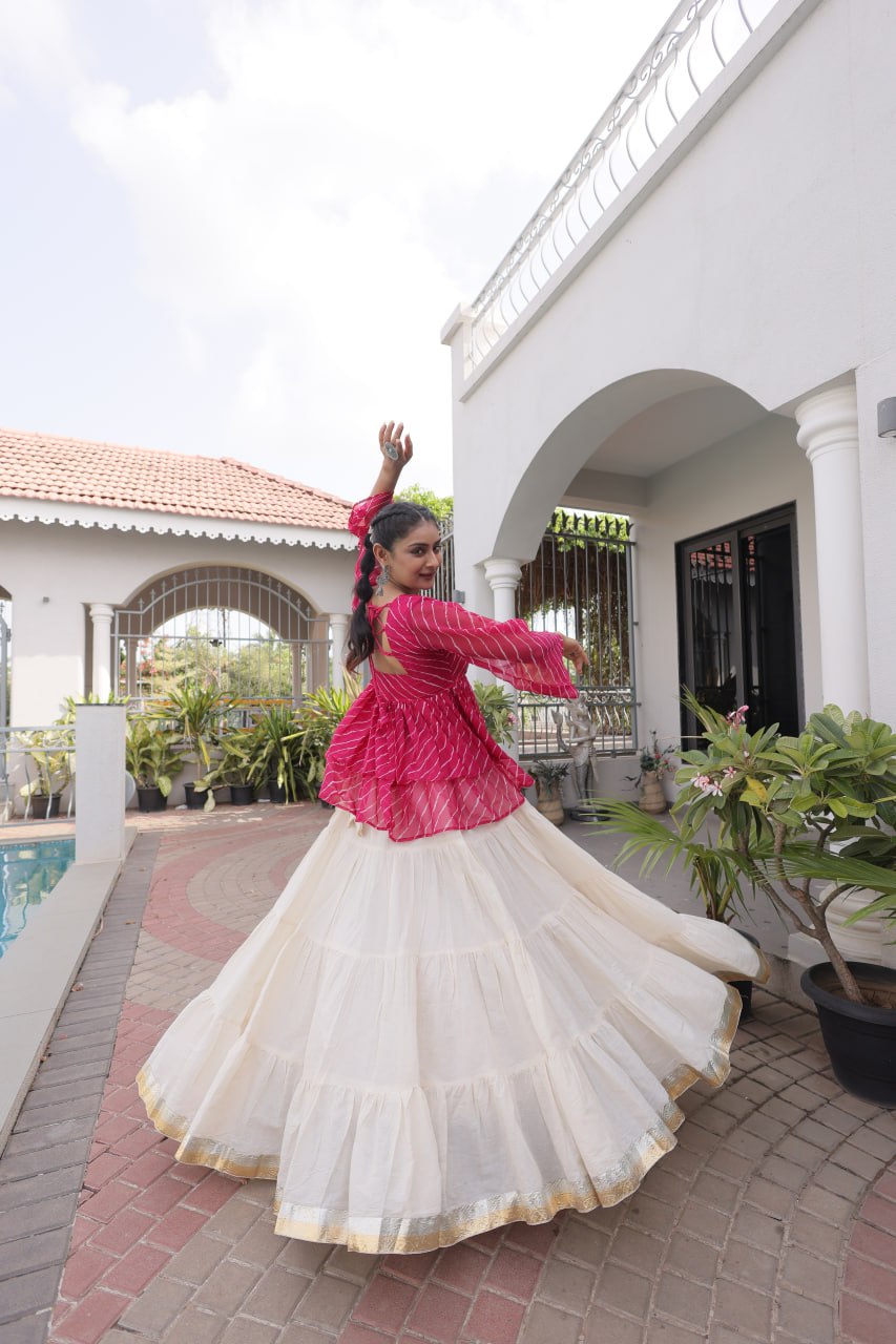 RangBhoomi Navratri Lehenga Choli Set — Kora Cotton Frill with Laheriya Print