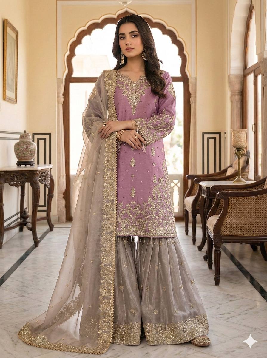 RangBhoomi Exclusive Designer Partywear Set – Pure Heavy GMY Silk with Elaborate Embroidery and Sequins