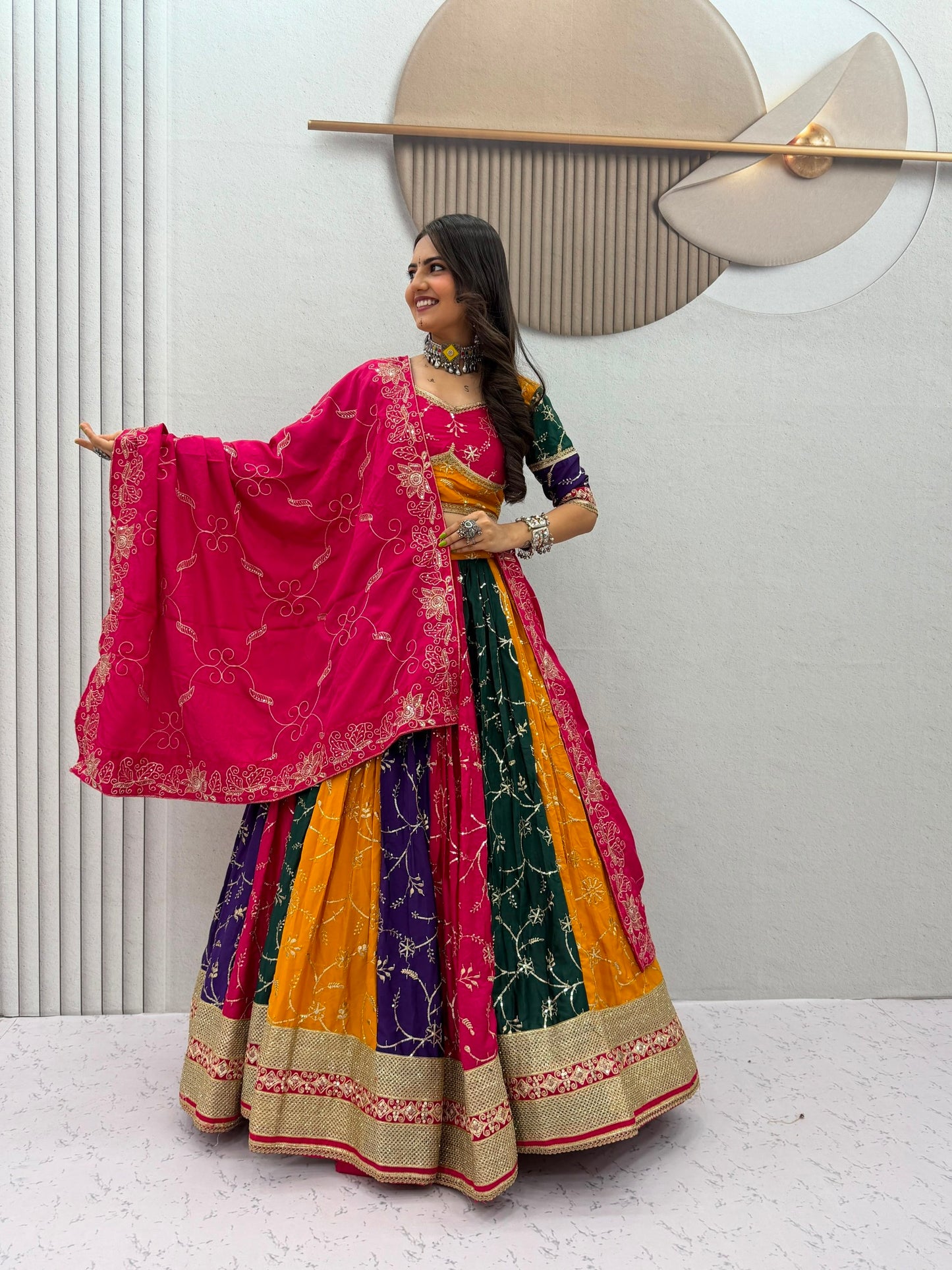 Navratri Special Vintage Chaniya Choli Ensemble - Elegant Milky Silk Embroidered Lehenga with Six-Meter Flair and Heavy Embroidered Dupatta