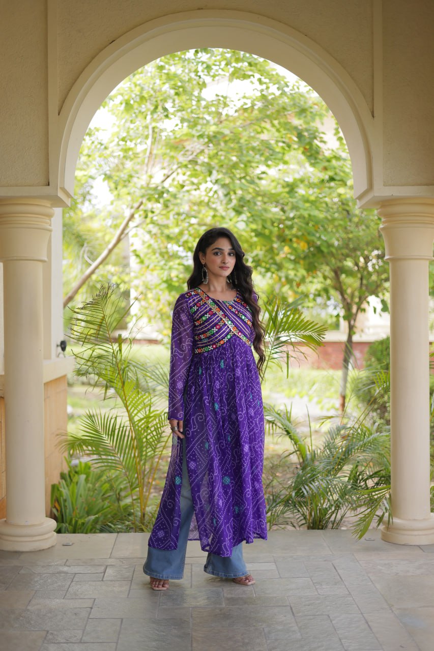 RangBhoomi Bandhani Faux Georgette Kutchi Patchwork Kurti — Navratri 2026