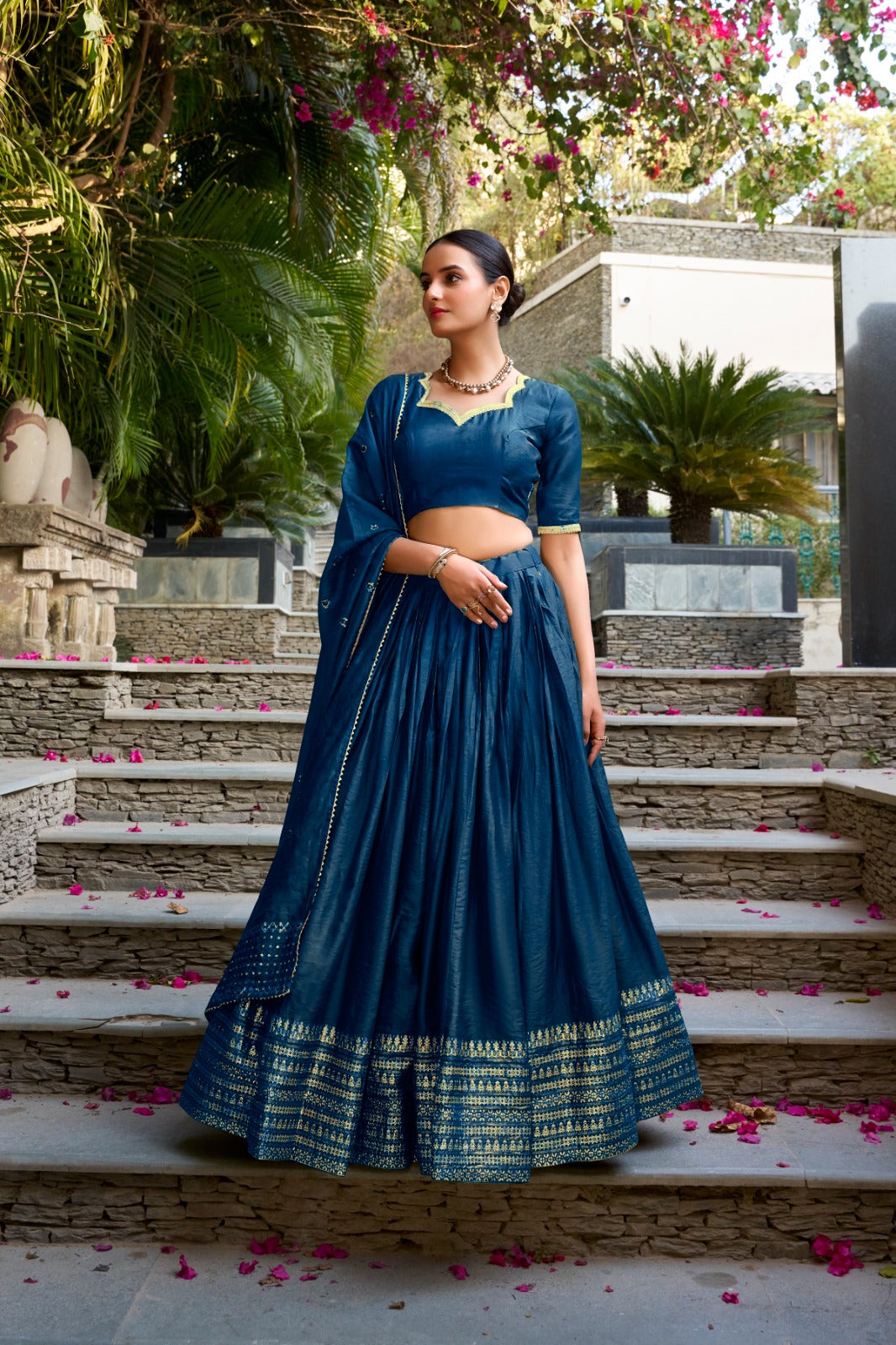 Elegant Pure Chanderi Lehenga Set with Exquisite Zari Work Border and Sequin-Embellished Dupatta