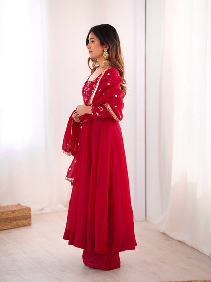 RangBhoomi Women's Elegant Ethnic Wear Set with Silk Gown, Pants, and Embroidered Dupatta