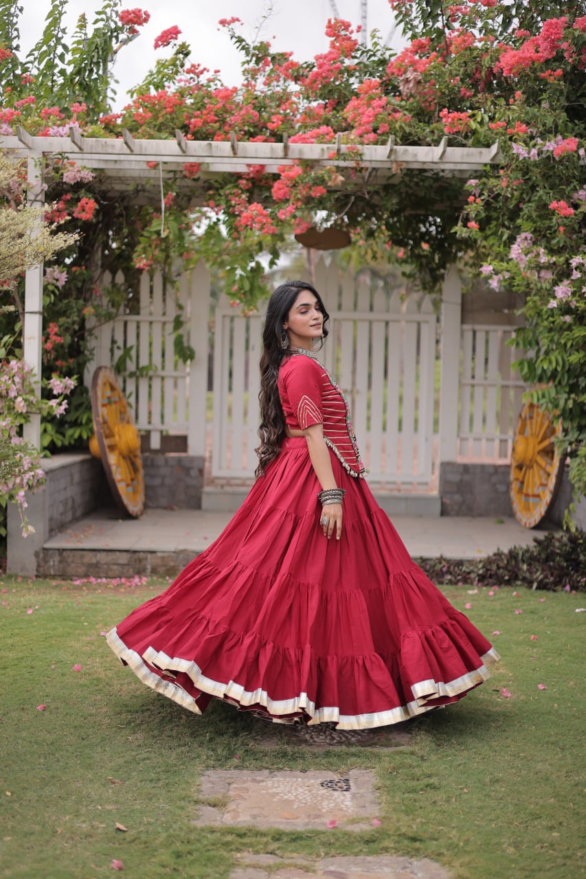 RangBhoomi Navratri 2026 Kora Cotton Full-Stitched Lehenga & Blouse Set — L (40", Adjustable 38–44)