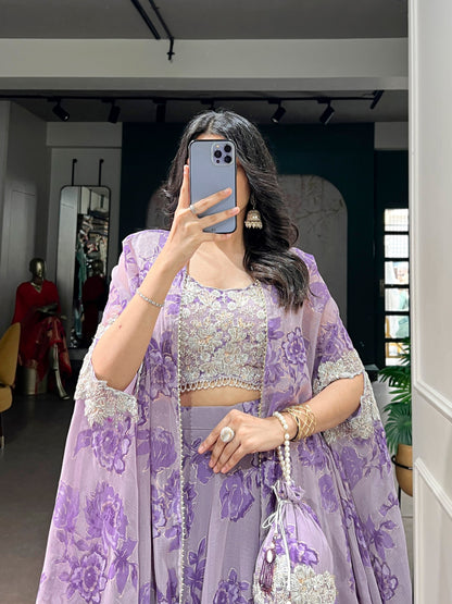 RangBhoomi Pastel Cape Style Lehenga - Ready-to-Wear Embroidered Set