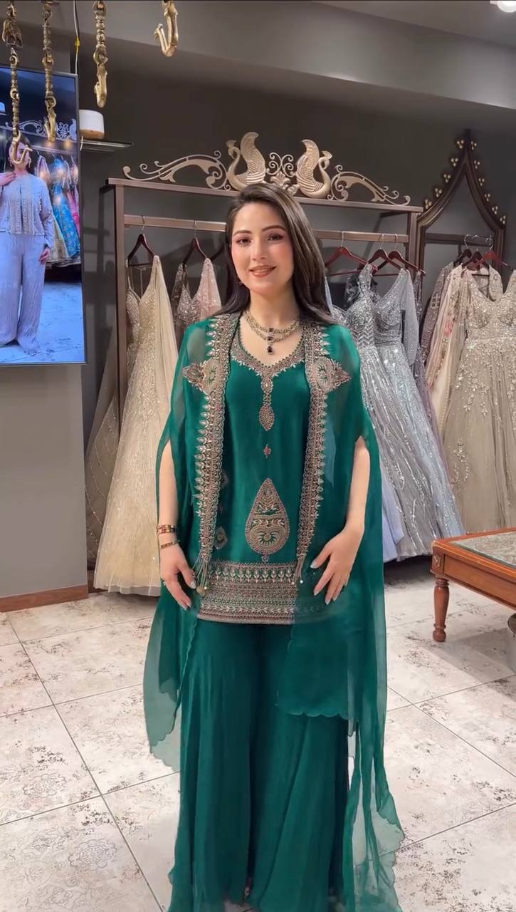 Wedding Season Exclusive: Elegant Designer Top with Corded Sequin Embroidery Paired with Palazzo Pants and Shrug Set by RangBhoomi