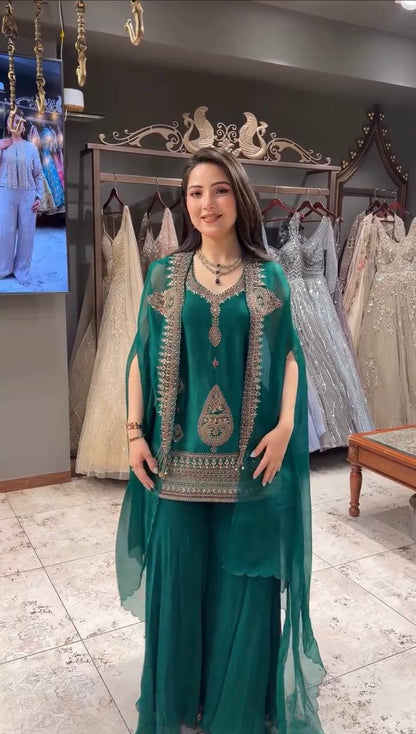 Wedding Season Exclusive: Elegant Designer Top with Corded Sequin Embroidery Paired with Palazzo Pants and Shrug Set by RangBhoomi