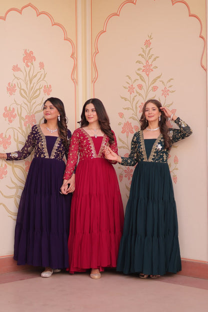 Full view of model in purple gown with embellishments