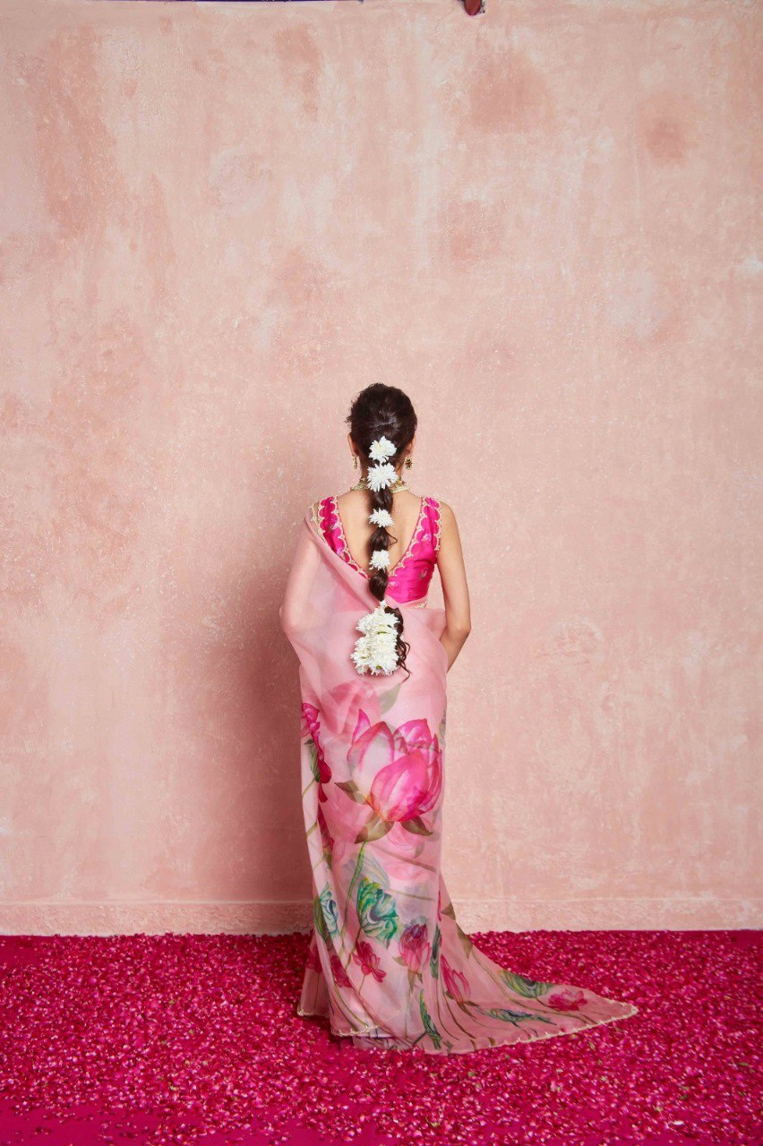 Ready To Wear Organza Silk Saree - Floral Printed