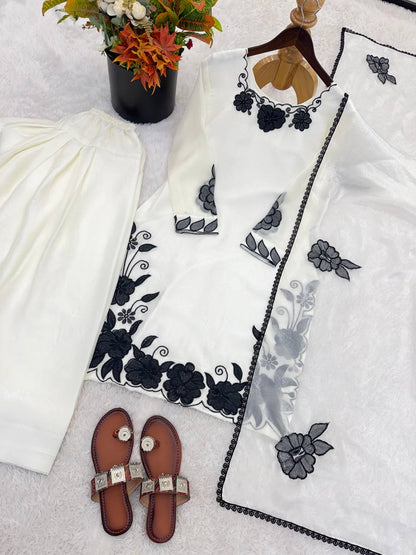 Elegant Women’s Ethnic Silk Ensemble with Embroidered Detailing and Ready-to-Wear Stitching