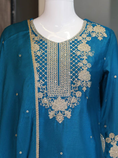 RangBhoomi Designer Festival Ensemble - Embroidered Chinon Top with Rangoli Crush Palazzo & Dupatta