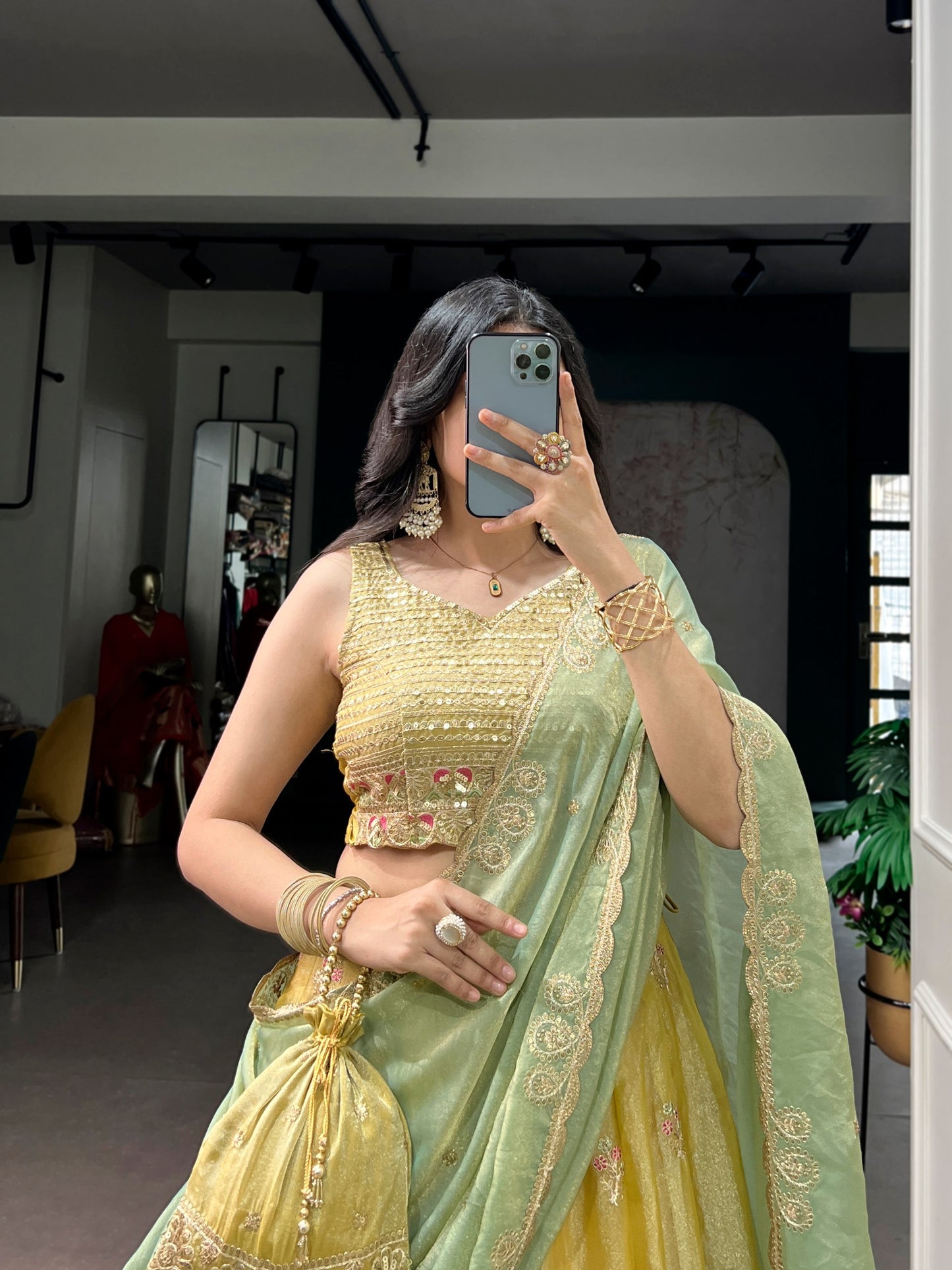 Sunlit Grace Embroidered Pastel Lehenga Set in NC Moss Silk with Sequins and Thread Work