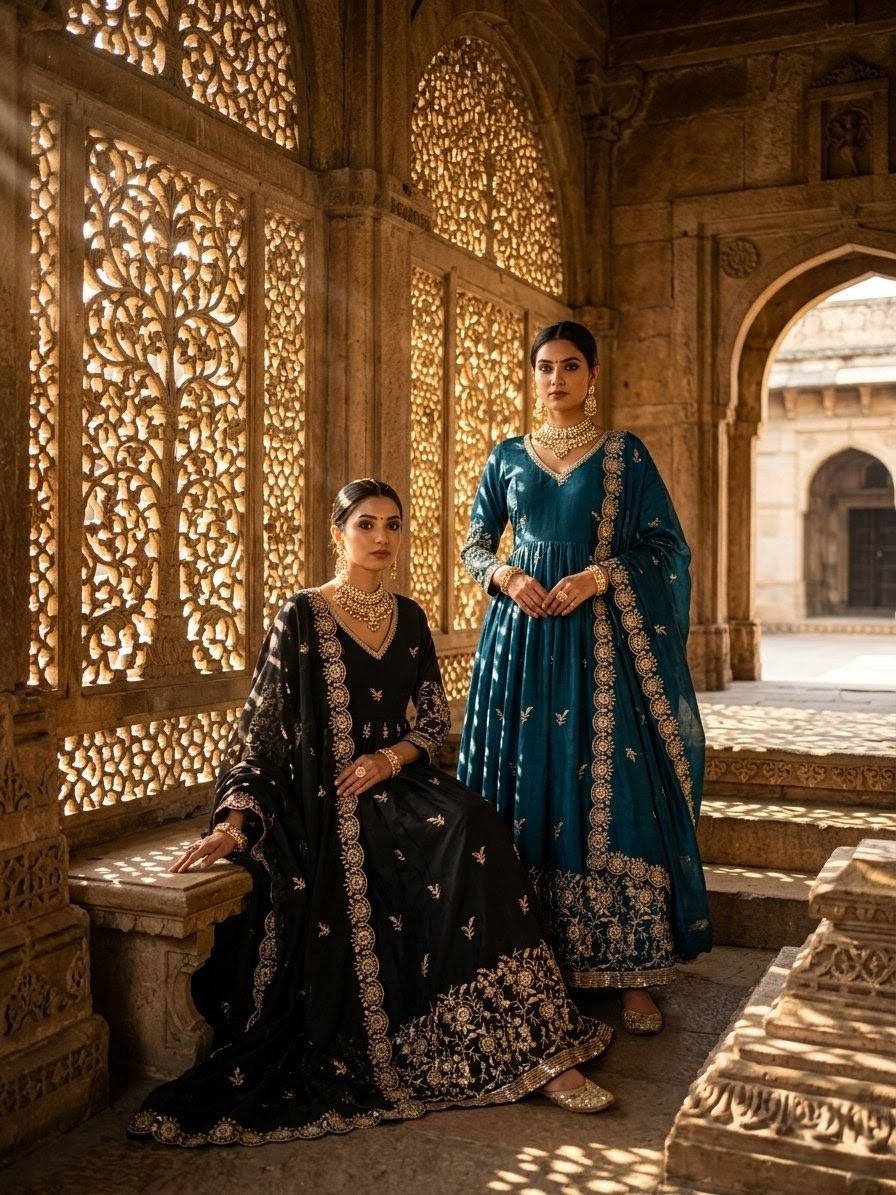 RangBhoomi Fendy Satin Silk Gown Set with Micro Silk Pants & Embroidered Dupatta
