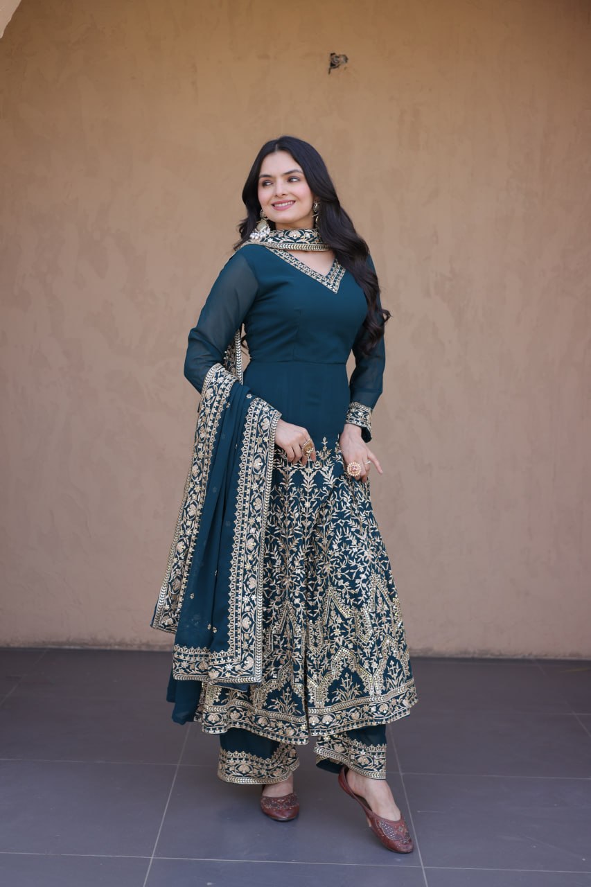 RangBhoomi Premium Readymade Gown with Pant & Dupatta Set - Embroidered Faux Blooming Festive Ensemble