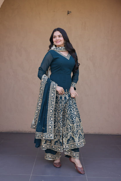 RangBhoomi Premium Readymade Gown with Pant & Dupatta Set - Embroidered Faux Blooming Festive Ensemble
