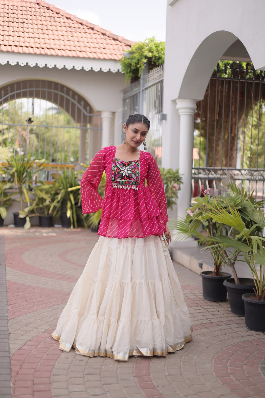 RangBhoomi Navratri Lehenga Choli Set — Kora Cotton Frill with Laheriya Print