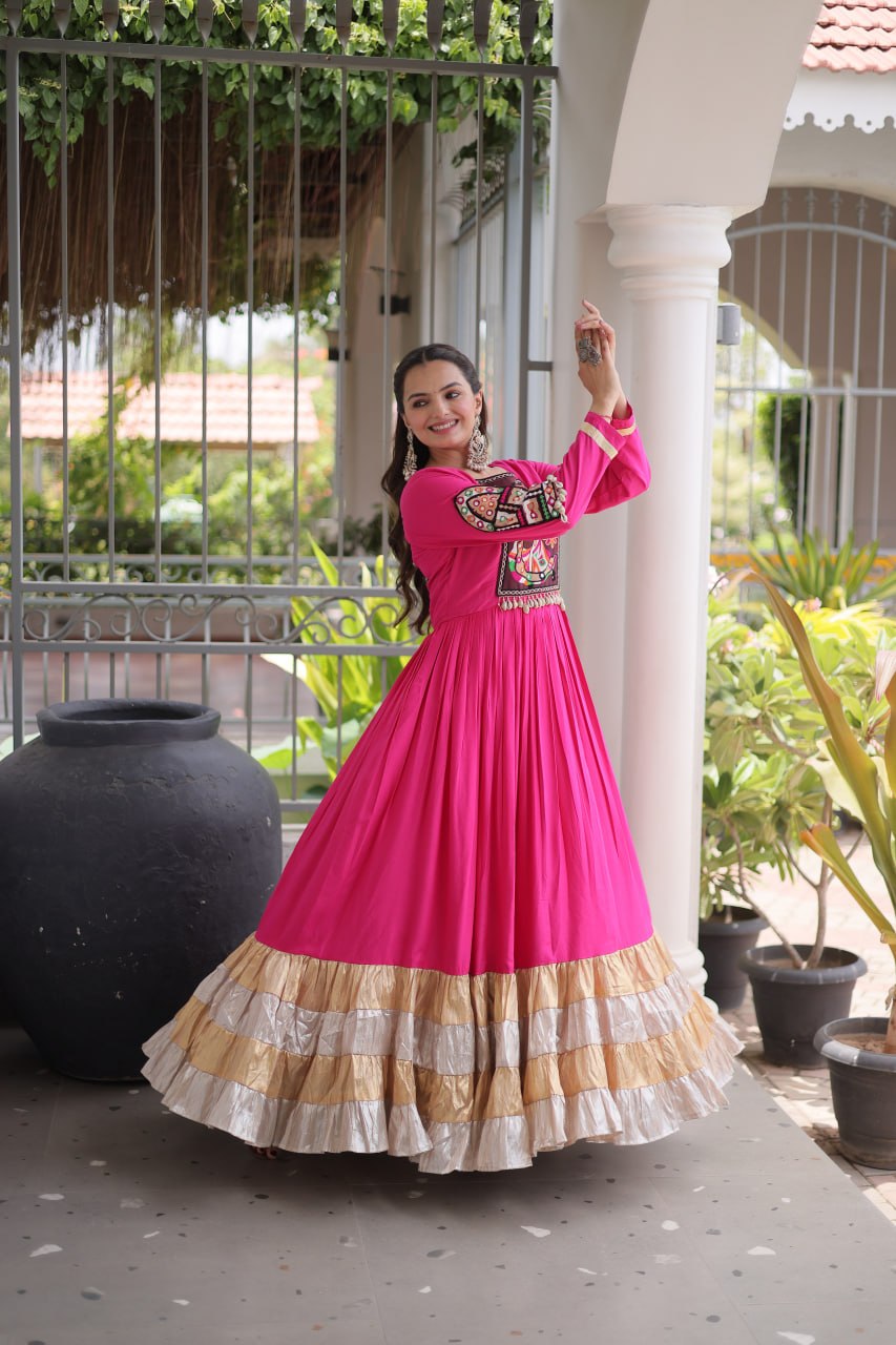 RangBhoomi Navratri Gown Collection 2026 — 14KG Rayon Kutchi Gamthi Thread Work, 12m Flair