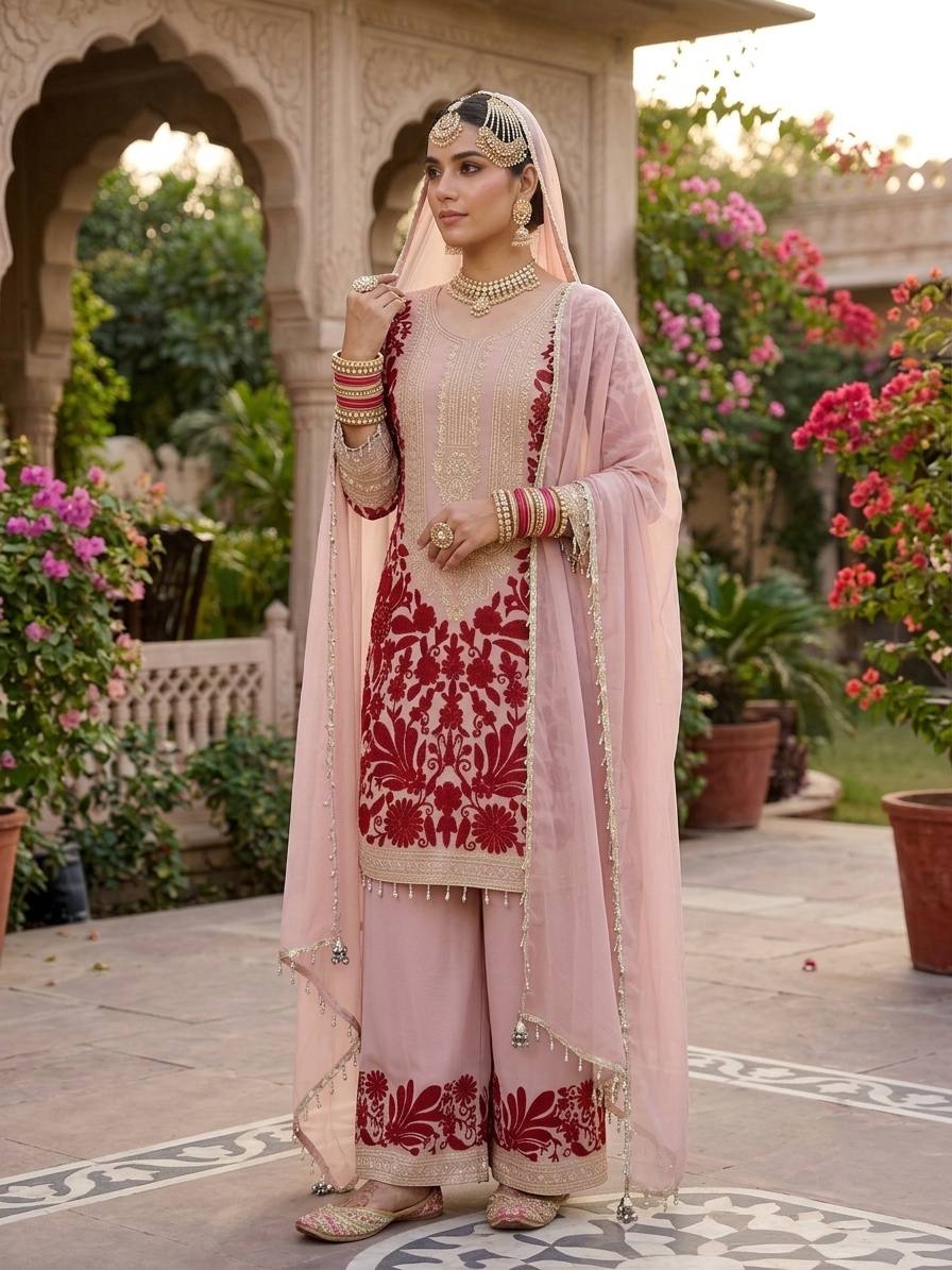 RangBhoomi Designer Party Top, Palazzo & Dupatta Set with Heavy Embroidery