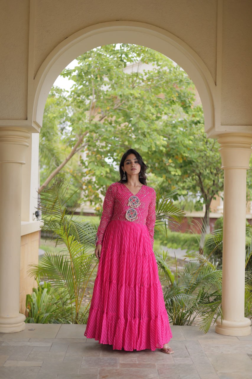 RangBhoomi Navratri Gown 2026 – Laheriya Print with Kutchi Patchwork, Faux Georgette Lined Cotton, Full Sleeve, 56 Inch Length