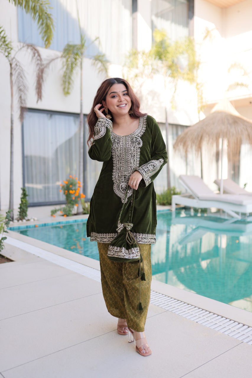 Ready-to-Wear Velvet Top and Pant Set with Embroidered Batwa from RangBhoomi Collection