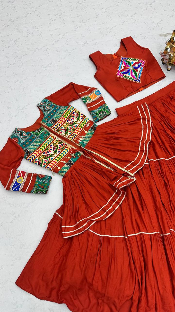 RangBhoomi Navratri Special Gamathi Work 9m Flair Pure Cotton Lehenga Choli - Fully Stitched