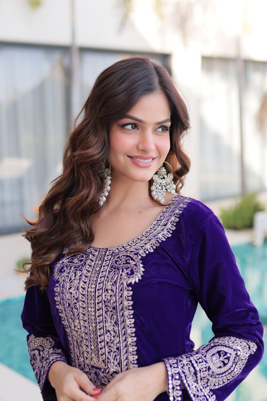 Ready-to-Wear Velvet Top and Pant Set with Embroidered Batwa from RangBhoomi Collection