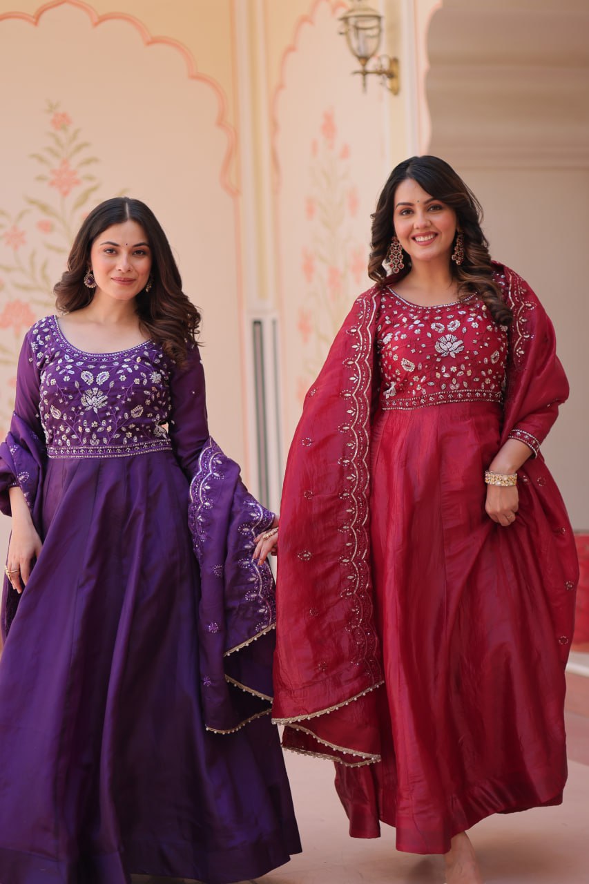 Elegant Gold Crush Embroidered Gown and Designer Dupatta Set