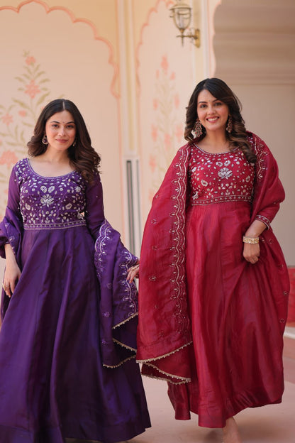 Elegant Gold Crush Embroidered Gown and Designer Dupatta Set