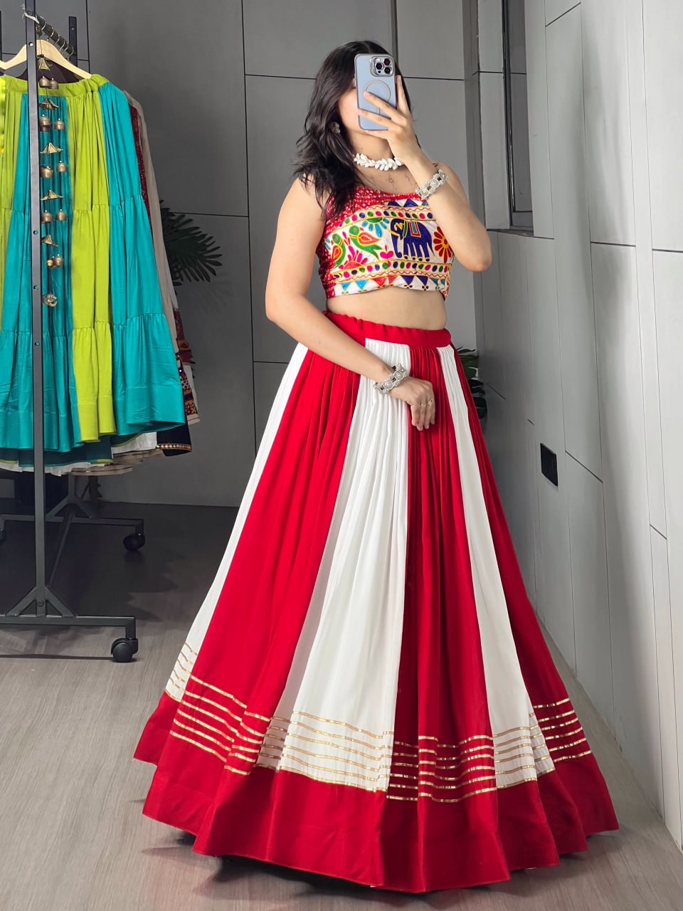 RangBhoomi Red & White Chaniya Choli Set — Festive Garba Lehenga (Pure Rayon Cotton, Fully Stitched)