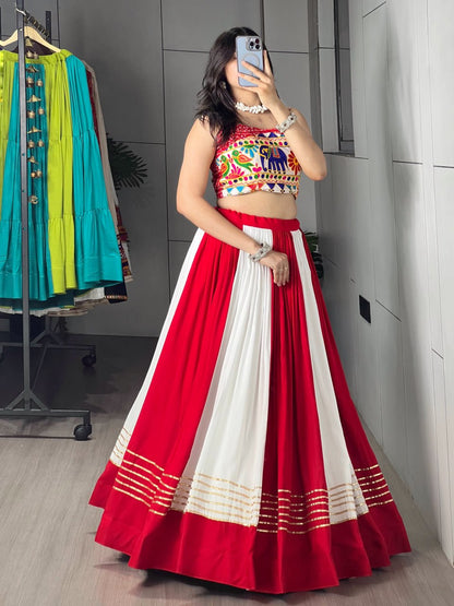 RangBhoomi Red & White Chaniya Choli Set — Festive Garba Lehenga (Pure Rayon Cotton, Fully Stitched)