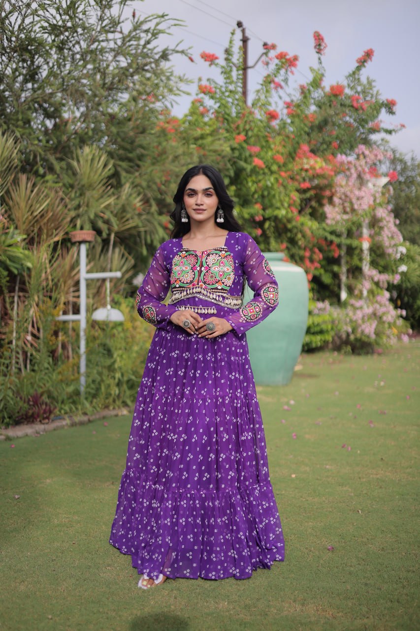 RangBhoomi Bandhani & Kutchi Patchwork Faux Georgette Gown — Full Sleeve, 12m Flair, Cotton Lining