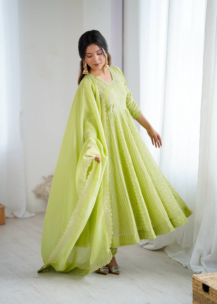 Festive Ready-to-Wear Fully Stitched Anarkali Gown Set with Embroidered Sequins and Lace-Trimmed Dupatta