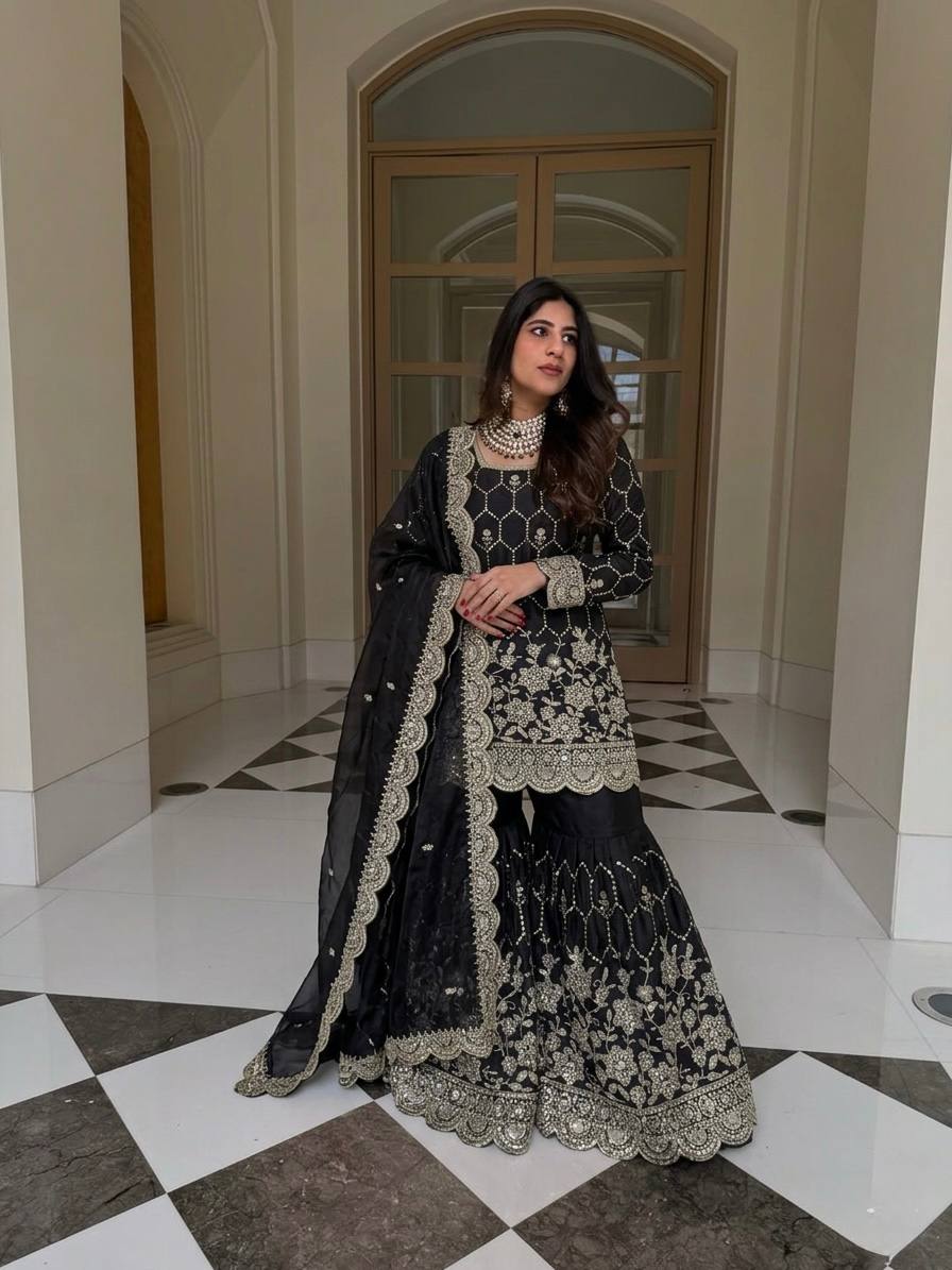 Elegant Sharara Set in Luxurious Heavy GMY Silk with Intricate Mirror and Sequins Embroidery – Top, Bottom, and Dupatta Ready to Wear by RangBhoomi