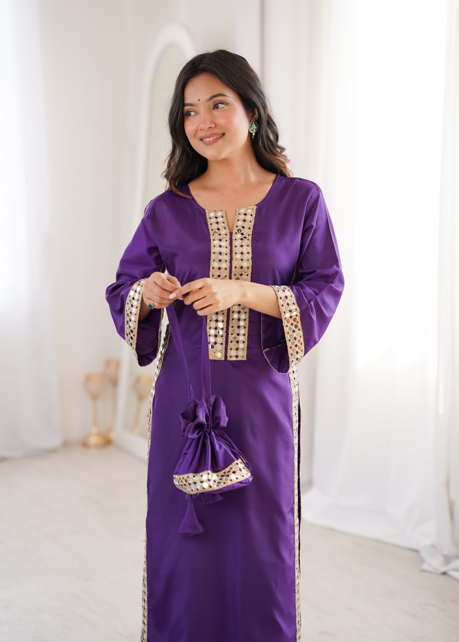 Ready-to-Wear Kurti and Pants Set with Decorative Mirror Work Purse