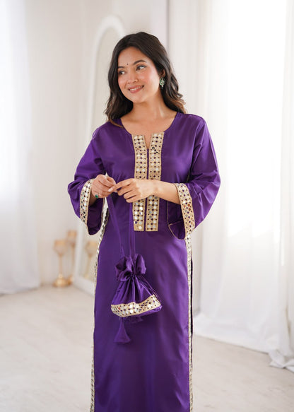 Ready-to-Wear Kurti and Pants Set with Decorative Mirror Work Purse
