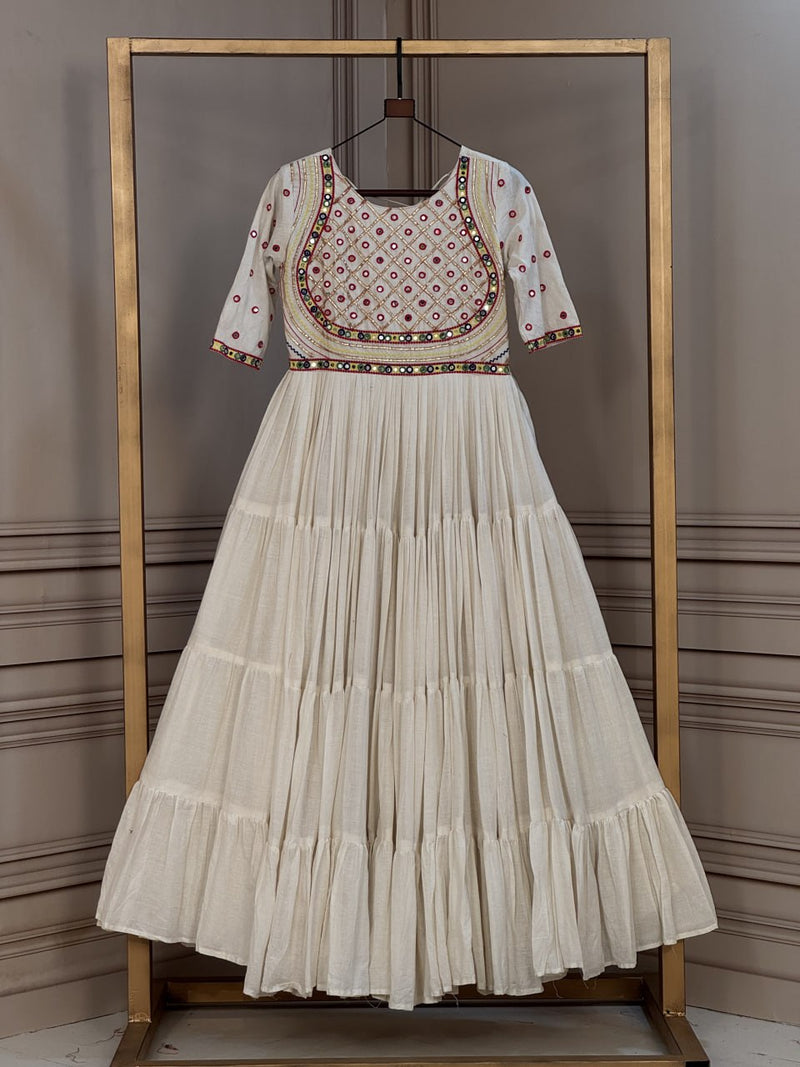 RangBhoomi Navratri Gown Collection 2026 - Off-White & Black Kora Cotton Embroidered Gown