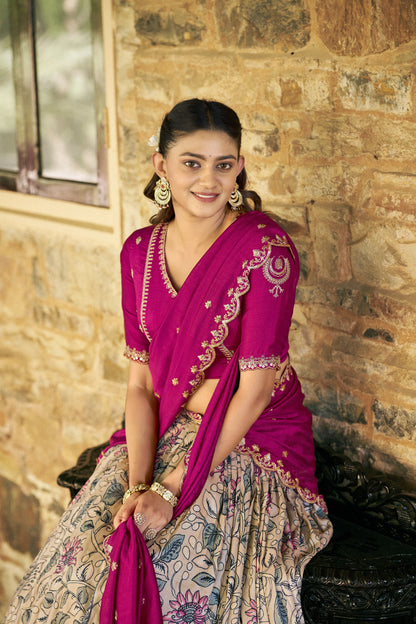Elegant Kalamkari Silk Lehenga Set with Embroidered Dupatta for Festive and Traditional Occasions