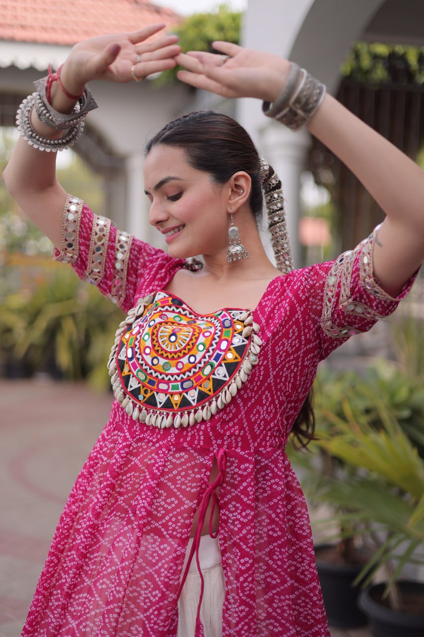 RangBhoomi Navratri 2026 Bandhani Lehenga Set — Full-Stitched Kora Cotton Lehenga with Faux Georgette Kurti