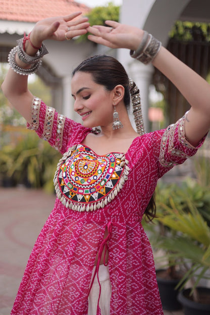 RangBhoomi Navratri 2026 Bandhani Lehenga Set — Full-Stitched Kora Cotton Lehenga with Faux Georgette Kurti