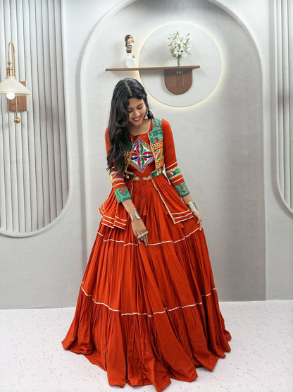 RangBhoomi Navratri Special Gamathi Work 9m Flair Pure Cotton Lehenga Choli - Fully Stitched