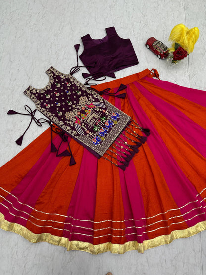 RangBhoomi Elegant Navratri Special Vichitra Silk Lengha Choli with Heavy Thread and Sequence Work Shrug