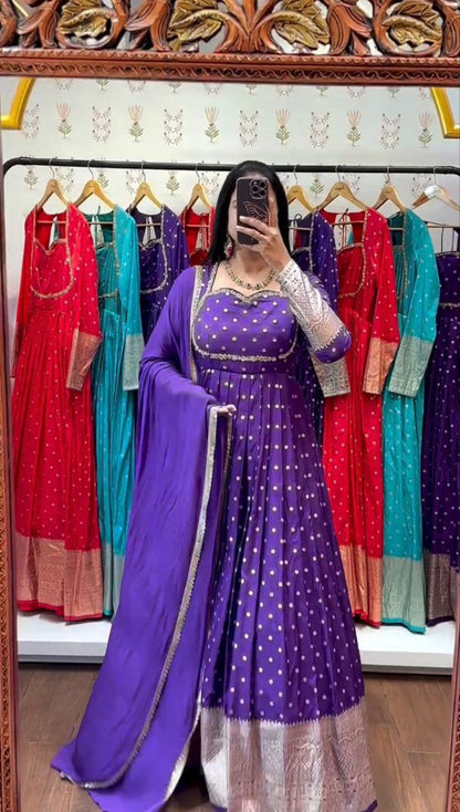 Elegant New Jacquard Gown with Fox Georgette Dupatta – Fully Stitched, Comfortable Fit