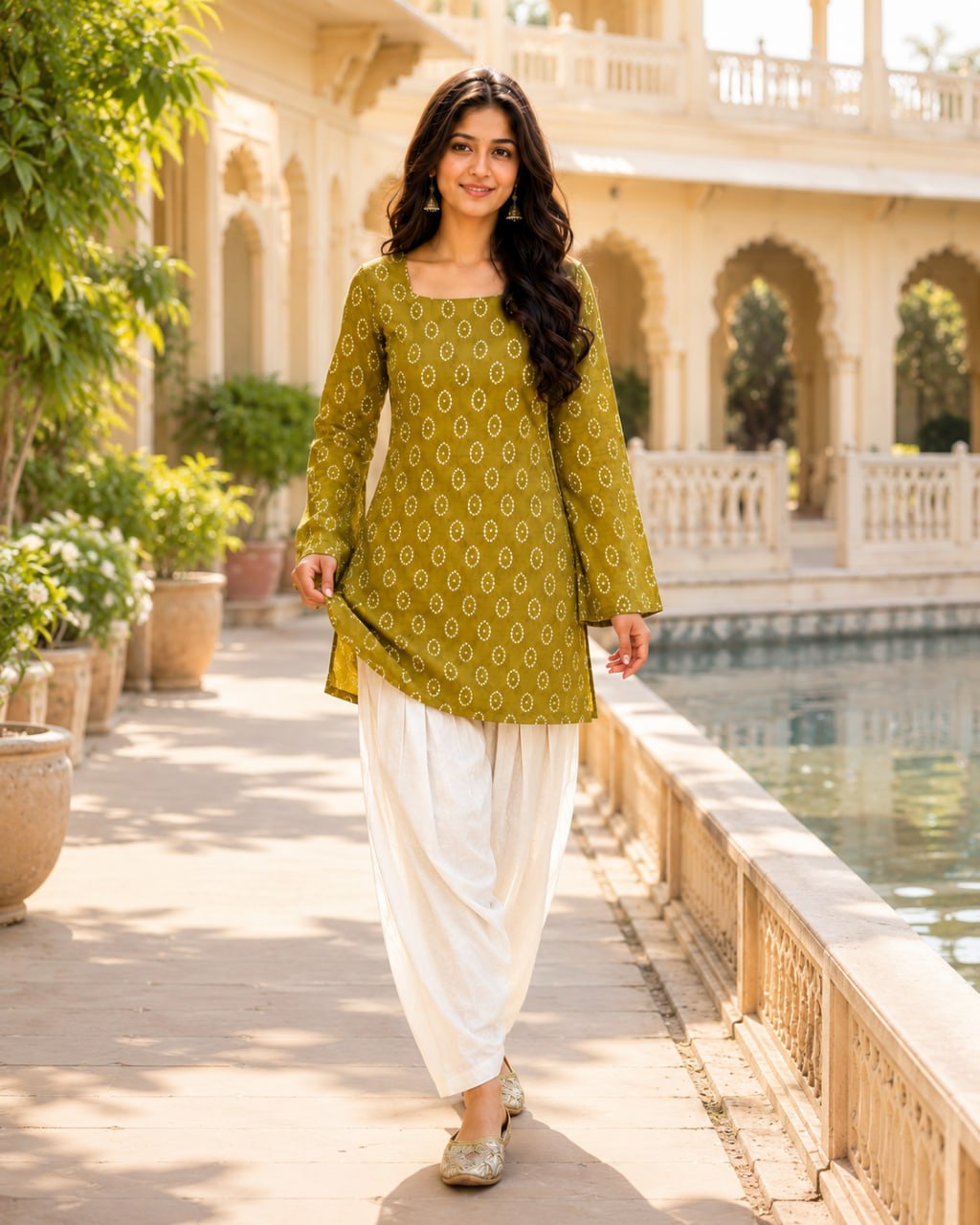 RangBhoomi Premium Cotton Bandhej Printed Top and Linen Cotton Farsi Style Pant Set