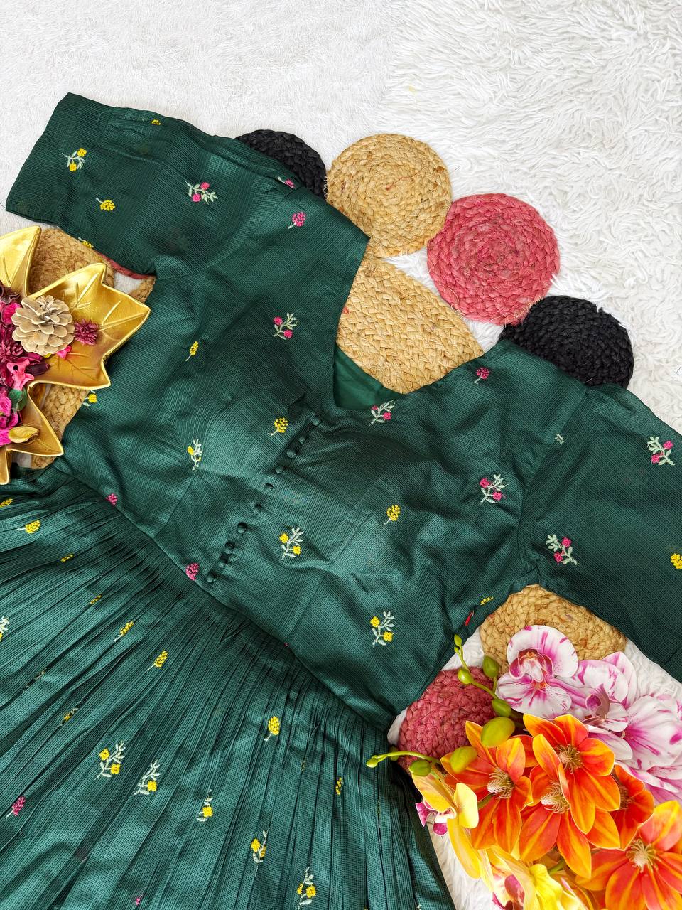 RangBhoomi Summer Floral Embroidered Kota Checks Midi Gown - Soft Kota, Micro Cotton Lining