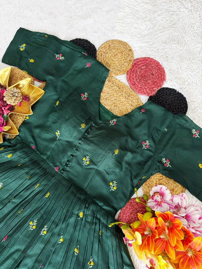 RangBhoomi Summer Floral Embroidered Kota Checks Midi Gown - Soft Kota, Micro Cotton Lining
