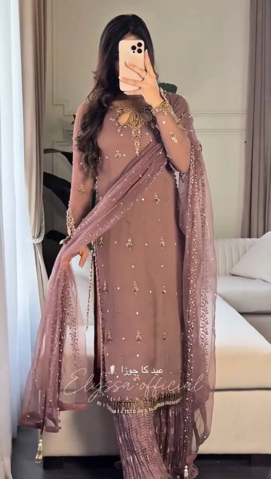 Elegant Combo Outfit Set for Adults and Kids with Embroidered Faux Georgette and Tissue Net Dupatta